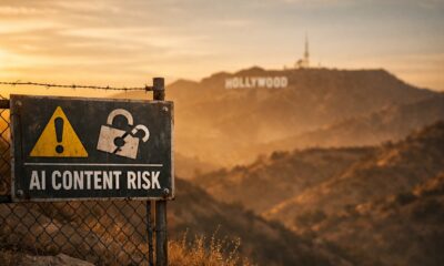 Placa de alerta com texto AI Content Risk em cerca, com letreiro de Hollywood ao fundo, ilustrando risco de pirataria com IA