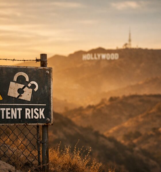Placa de alerta com texto AI Content Risk em cerca, com letreiro de Hollywood ao fundo, ilustrando risco de pirataria com IA