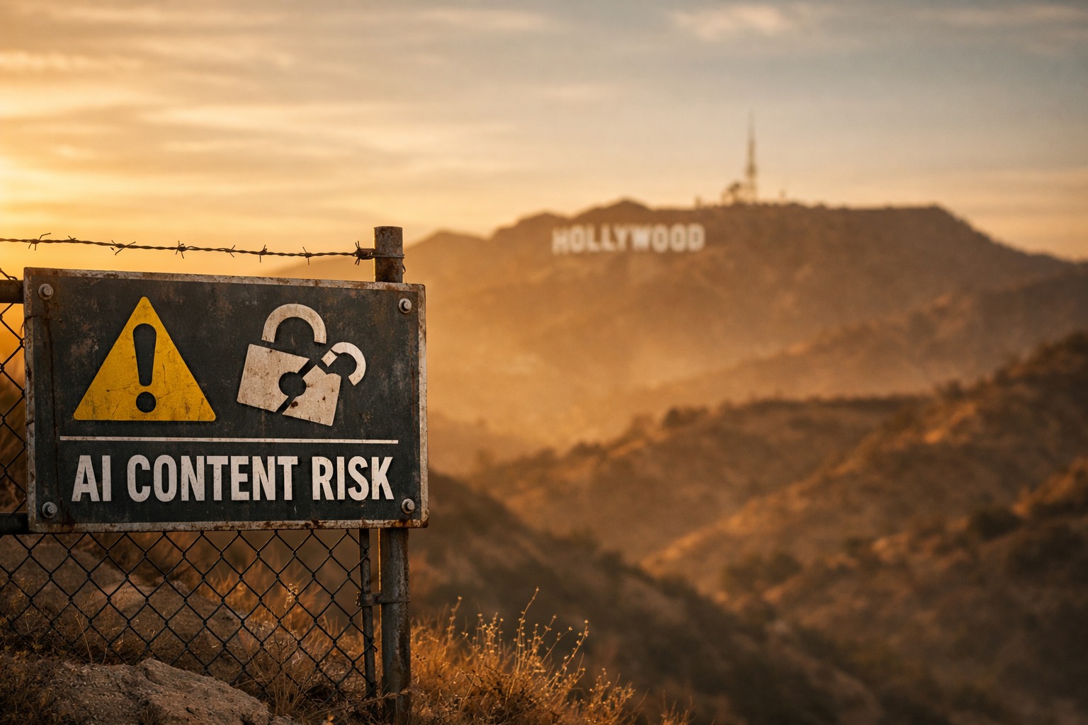 Placa de alerta com texto AI Content Risk em cerca, com letreiro de Hollywood ao fundo, ilustrando risco de pirataria com IA