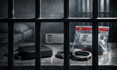 Aparelho de IPTV ilegal isolado dentro de uma cela de prisão, ilustrando o aumento de pena para venda de gatonet.