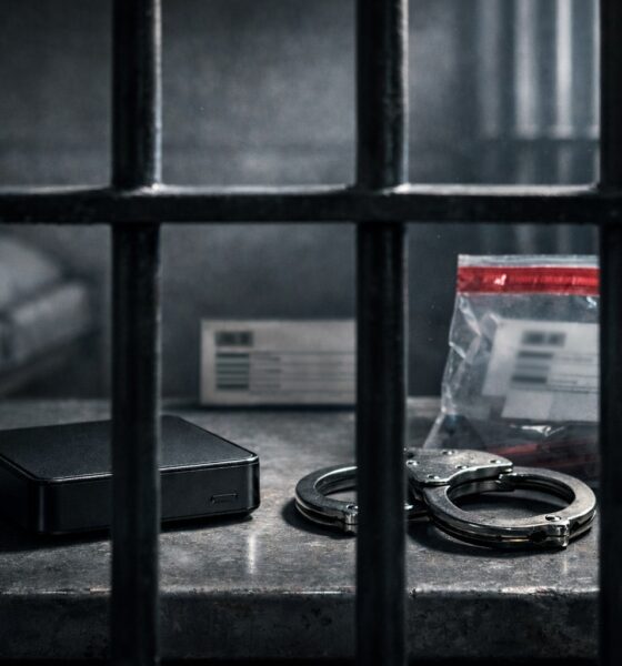 Aparelho de IPTV ilegal isolado dentro de uma cela de prisão, ilustrando o aumento de pena para venda de gatonet.