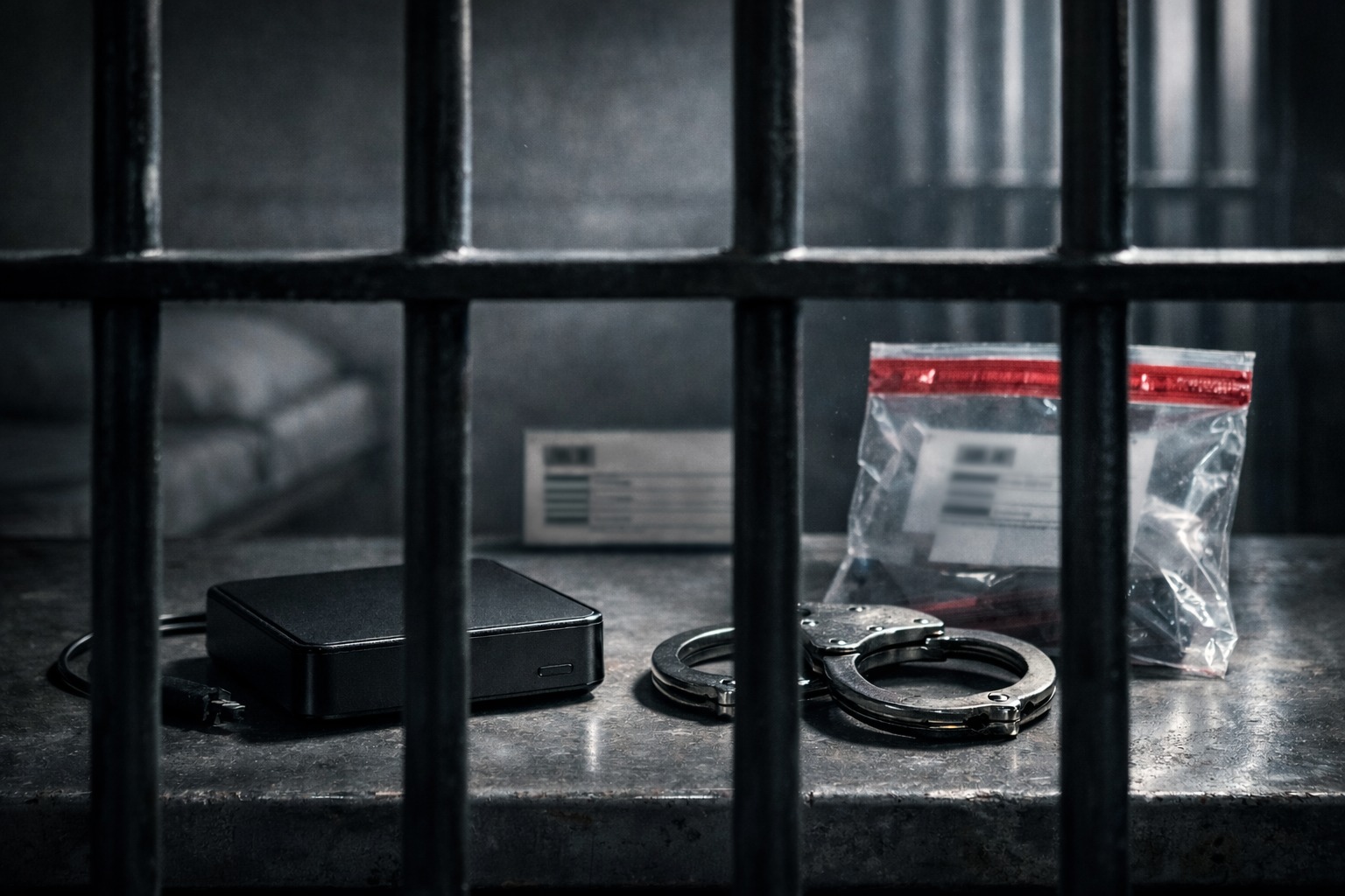 Aparelho de IPTV ilegal isolado dentro de uma cela de prisão, ilustrando o aumento de pena para venda de gatonet.
