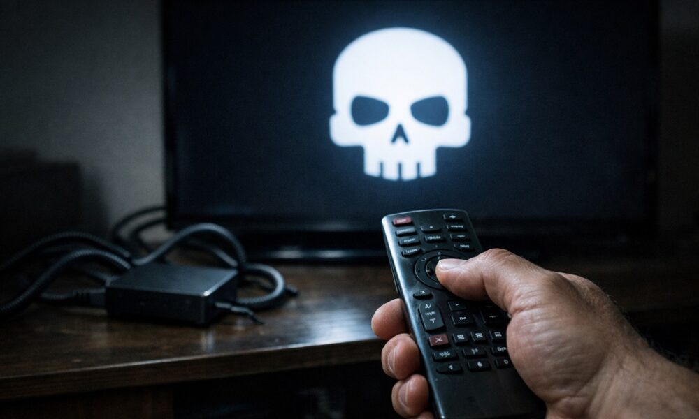 Representação visual de vírus saindo de uma TV Box usada para IPTV pirata, alertando sobre o roubo de dados e senhas.