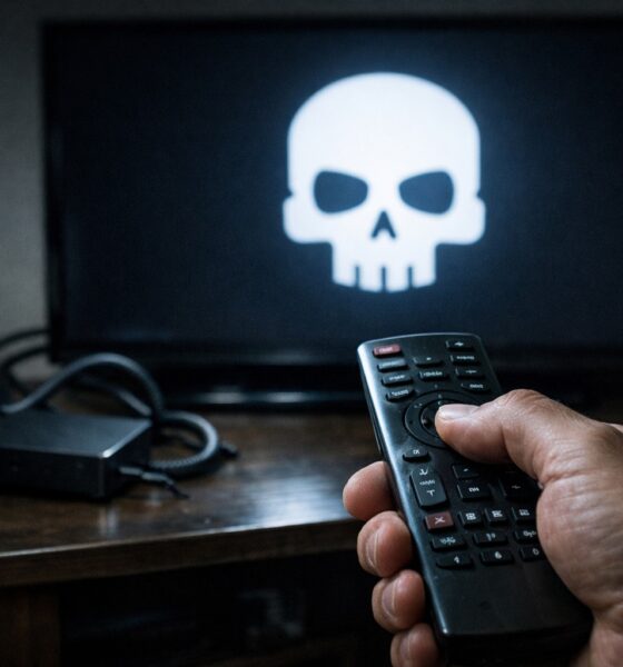 Representação visual de vírus saindo de uma TV Box usada para IPTV pirata, alertando sobre o roubo de dados e senhas.